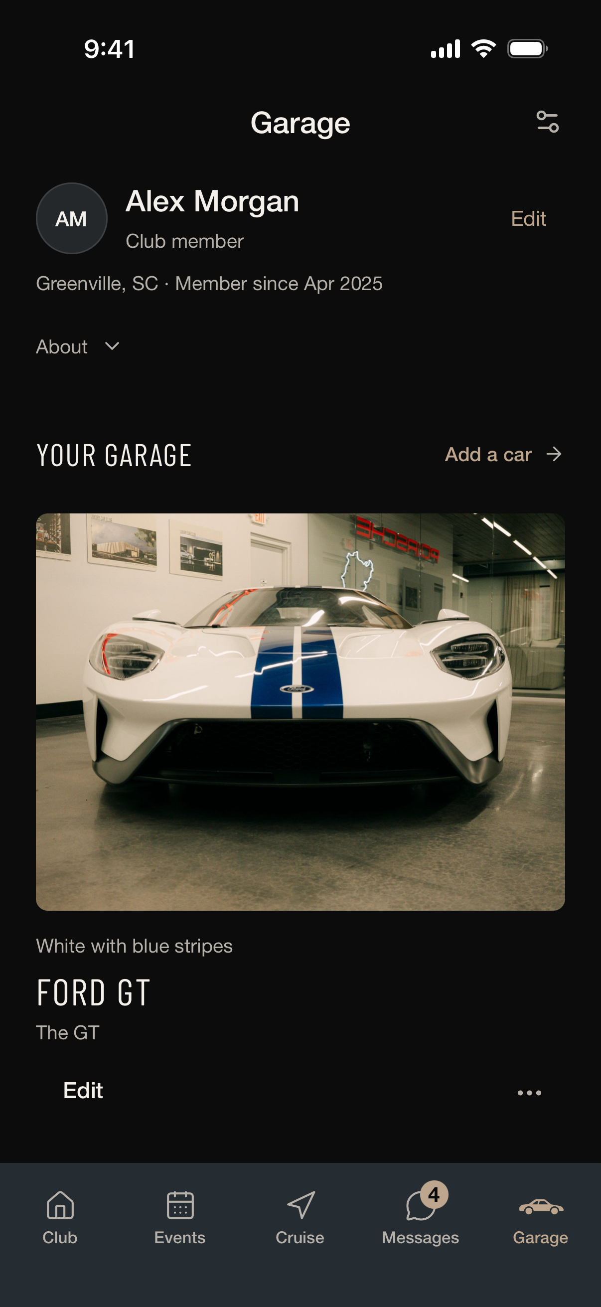 NINE3 member garage showing a Ford GT with fictional demo profile content